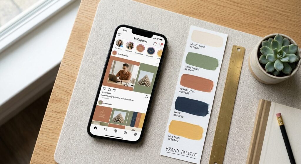 Smartphoneskærm viser Instagram-feed med konsistente brandfarver og farvepalet til sammenligning