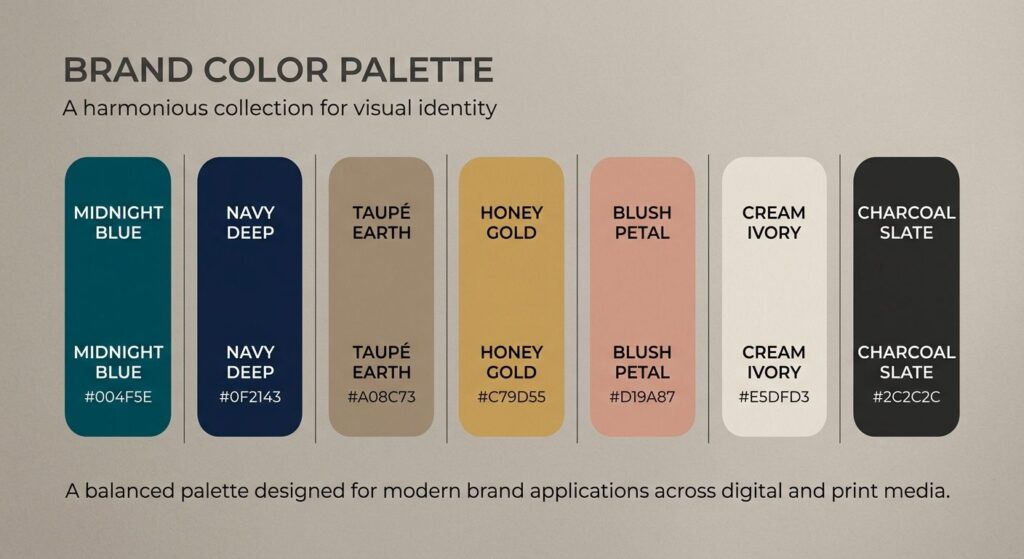 Visuelt brandfarvepalette med fem koordinerede farver på en neutral baggrund, illustrerer farvepsykologi i branding