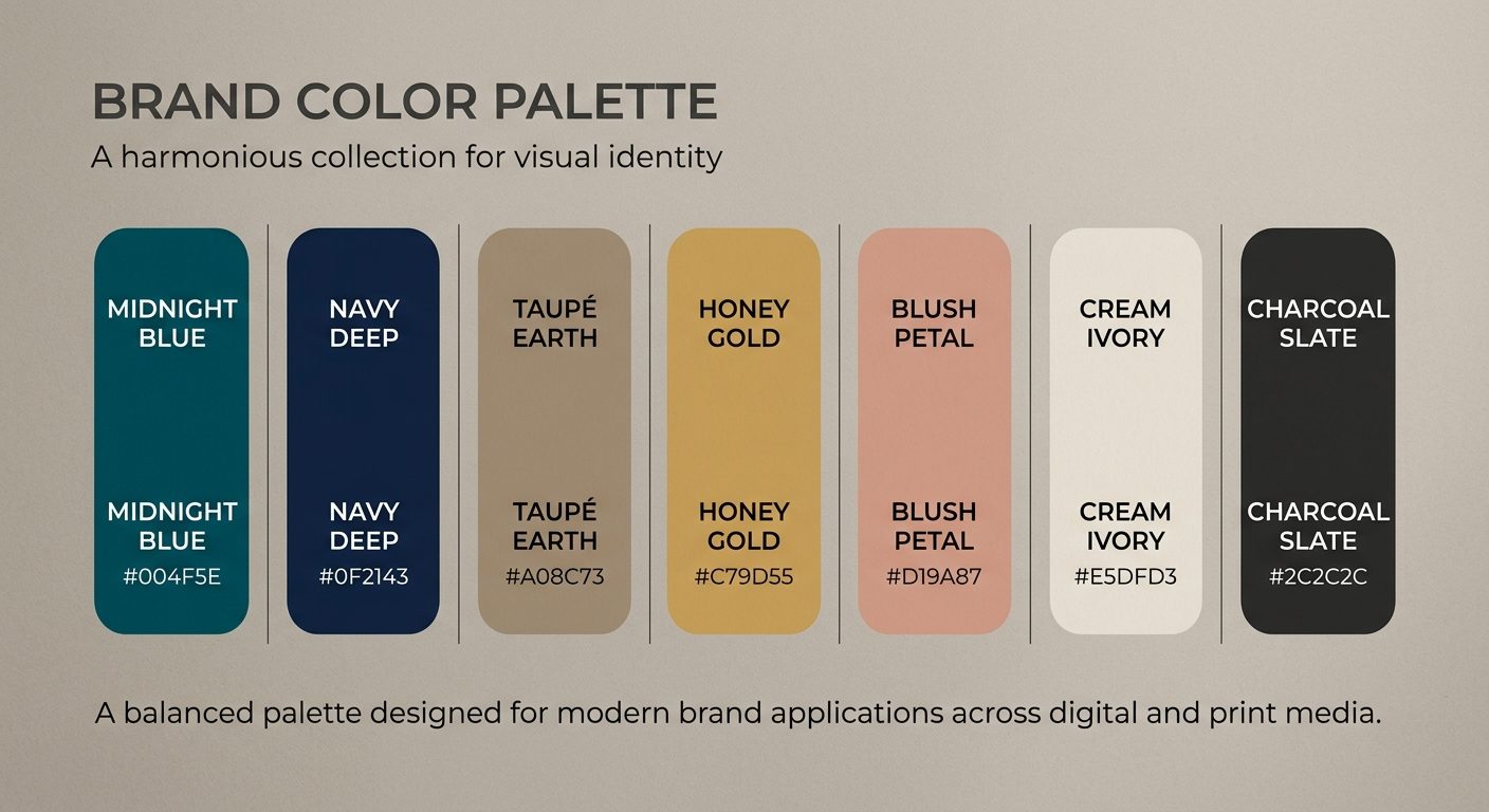 Visuelt brandfarvepalette med fem koordinerede farver på en neutral baggrund, illustrerer farvepsykologi i branding