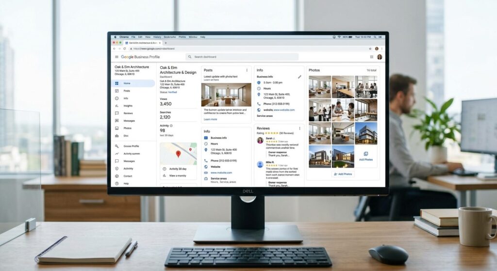 Google My Business profil vist på desktop med virksomhedsinfo, billeder og kundeomtaler synligt på skærmen