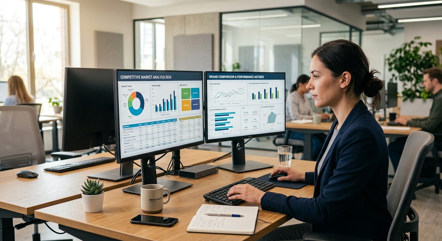 Konkurrenceanalyse af brands på computerskærme viser hvordan man sammenligner konkurrenters brandingstrategier