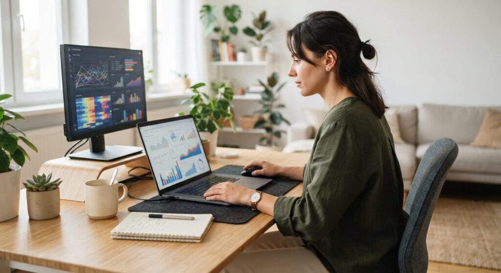 Freelance SEO-konsulent arbejder med søgeordsanalyse på computer i hjemmekontor