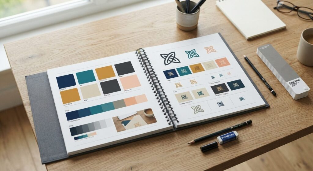 Designmanual med farvepalet og logovarianter ligger fremme på et skrivebord