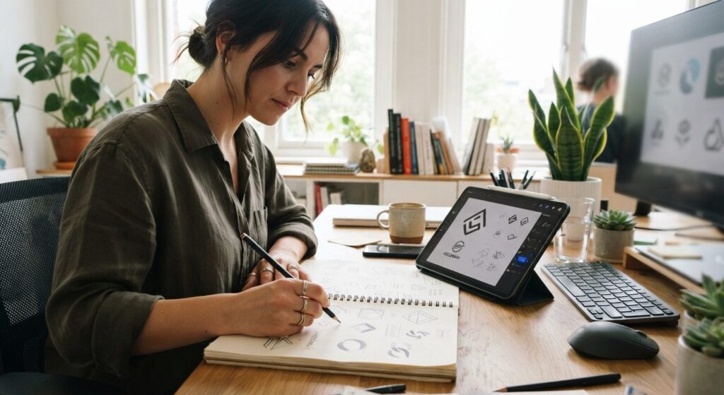 Designer arbejder med logo-skitser og priser for logodesign på kontor