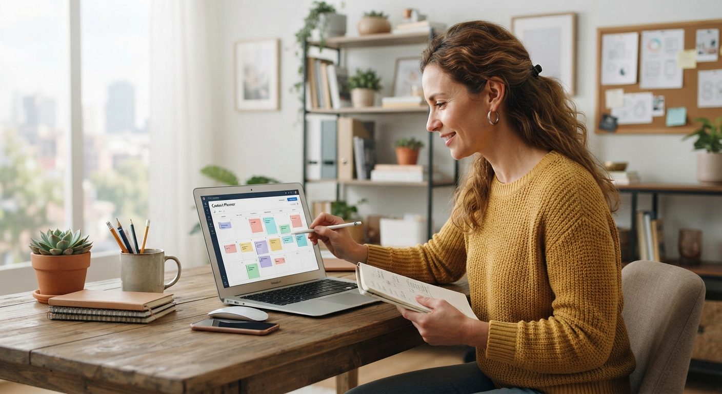 Virksomhedsejer arbejder med Instagram-strategi og indholdsplanlægning på kontoret