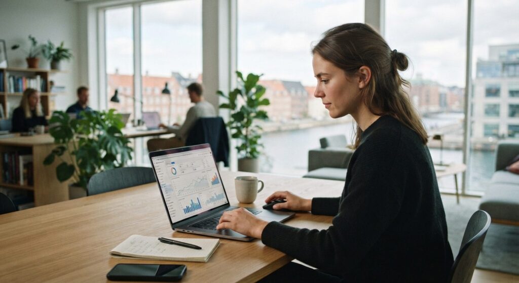 Marketingmedarbejder analyserer LinkedIn-strategi for B2B på laptop i kontormiljø