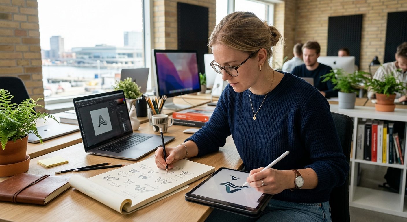 Grafisk designer arbejder med logodesign i Aarhus på kontor med skitser og skærm
