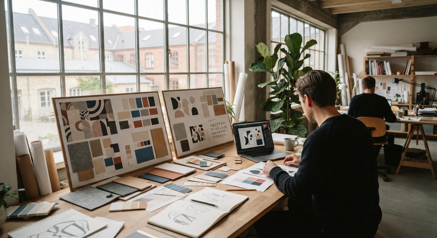 Designer arbejder med visuel identitet og brandguidelines på kontor i Aarhus