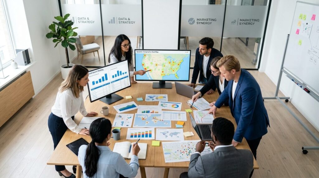 Overhead shot of a strategic planning session with marketing