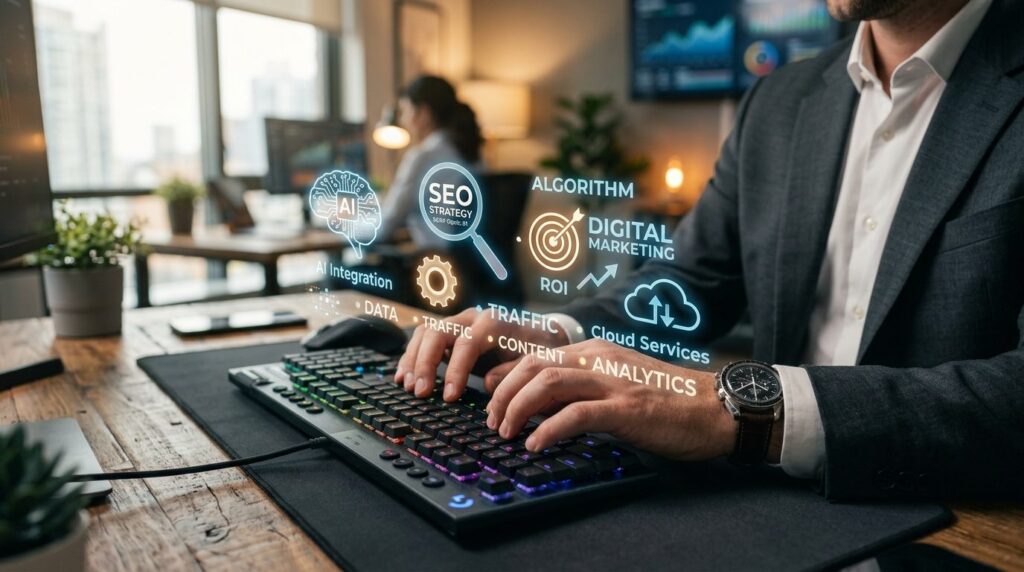 Close-up of businessmans hands typing on keyboard with holo