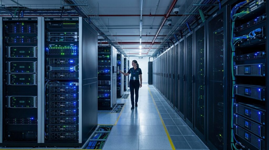 Data center server room with rows of professional backup sys