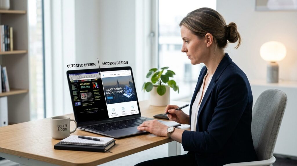 Split screen comparison showing outdated vs modern website d