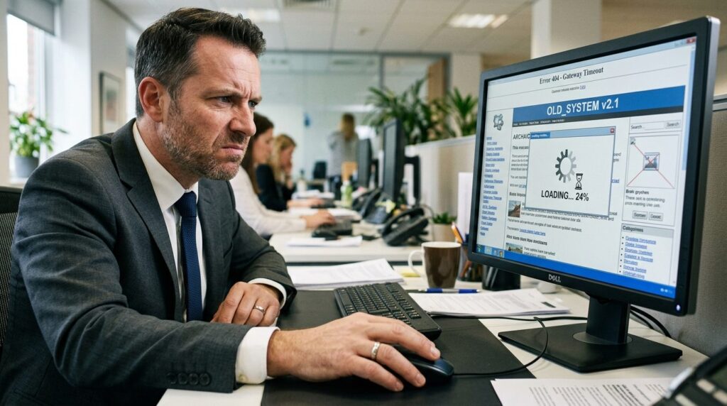 Close-up of businessmans hand on mouse pointing at slow loa