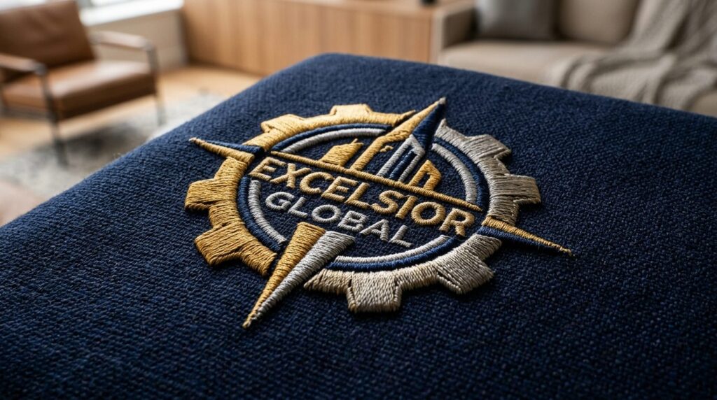 Close-up macro photography of embroidered company logo on pr