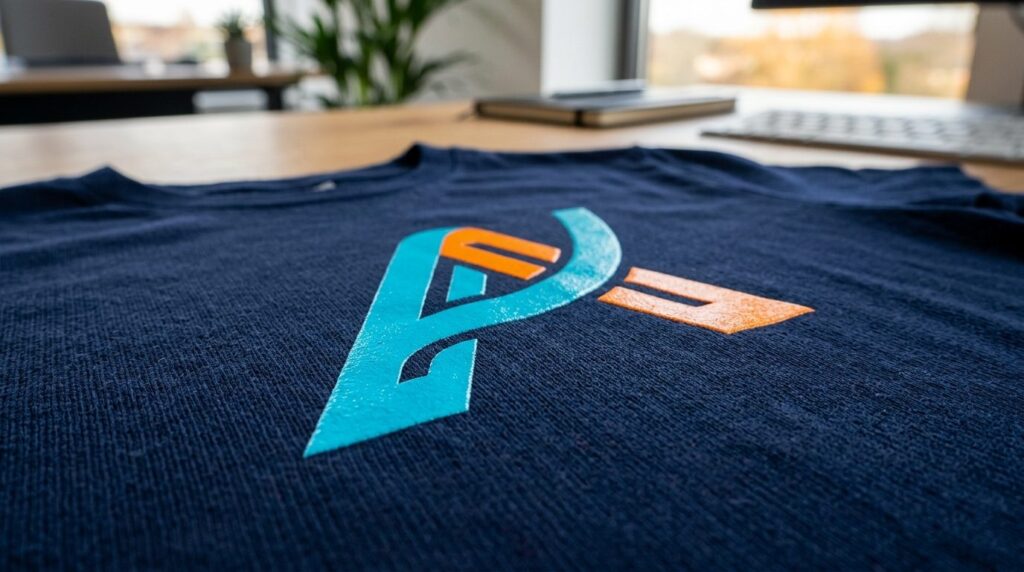 Close-up macro photography of printed company logo on corpor
