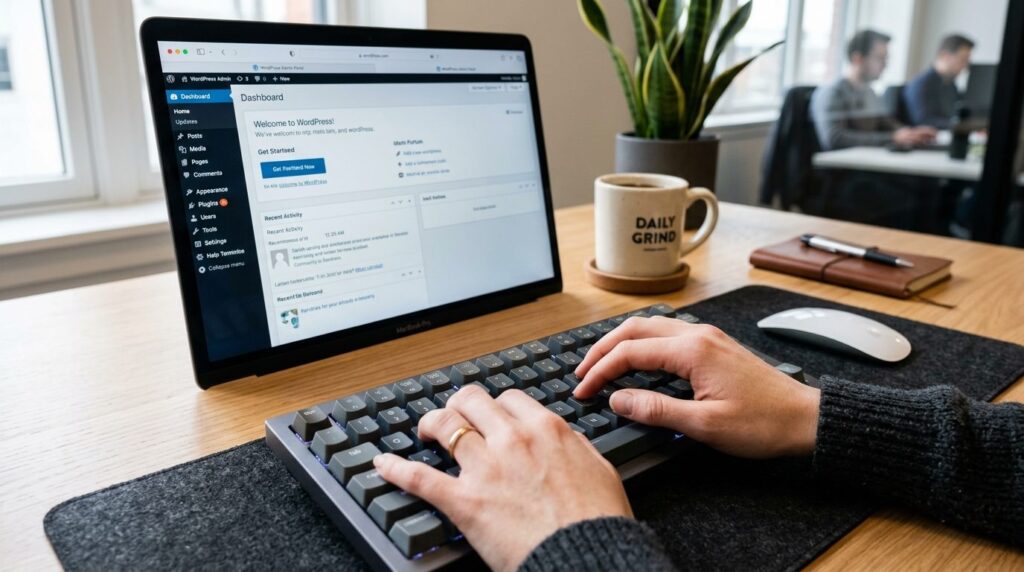 Close-up of hands typing on keyboard with WordPress admin pa