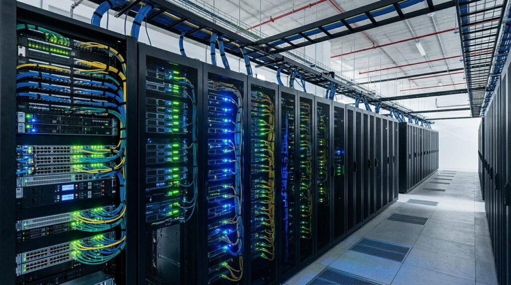 Data center server room with illuminated server racks and ne