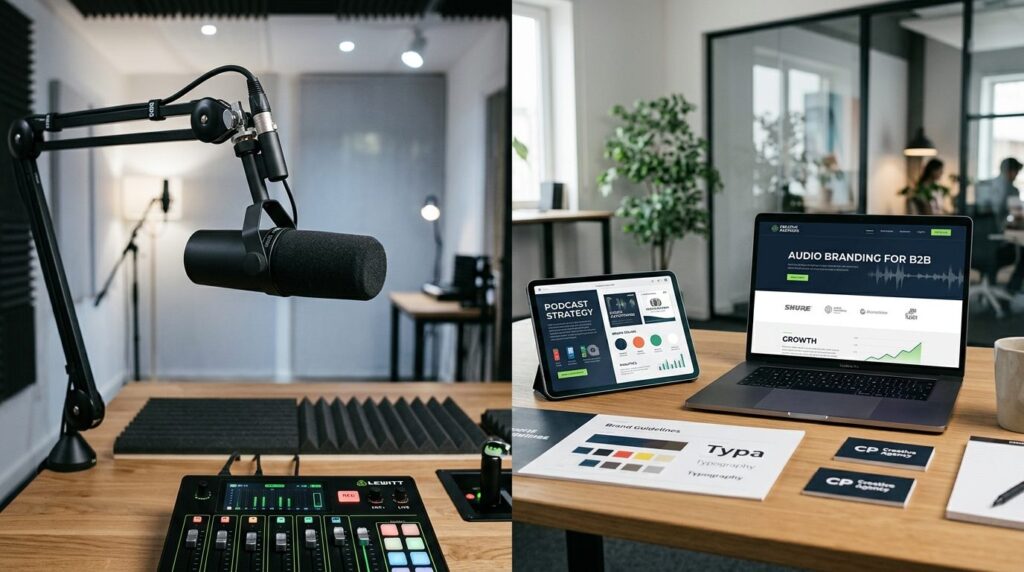 Brand identity concept: split-screen composition showing a p