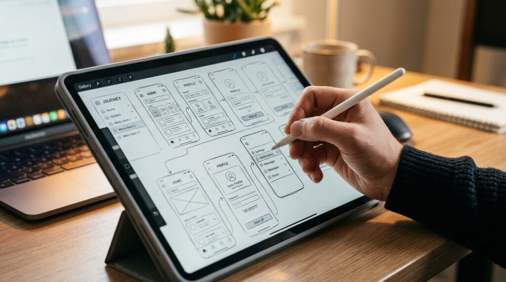 Designers hånd bruger stylus på tablet under design-arbejde.