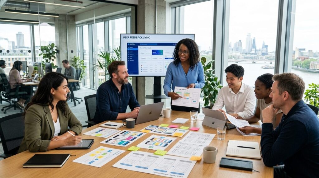 Arbejdsteam sidder sammen og diskuterer UX-design i moderne kontor.