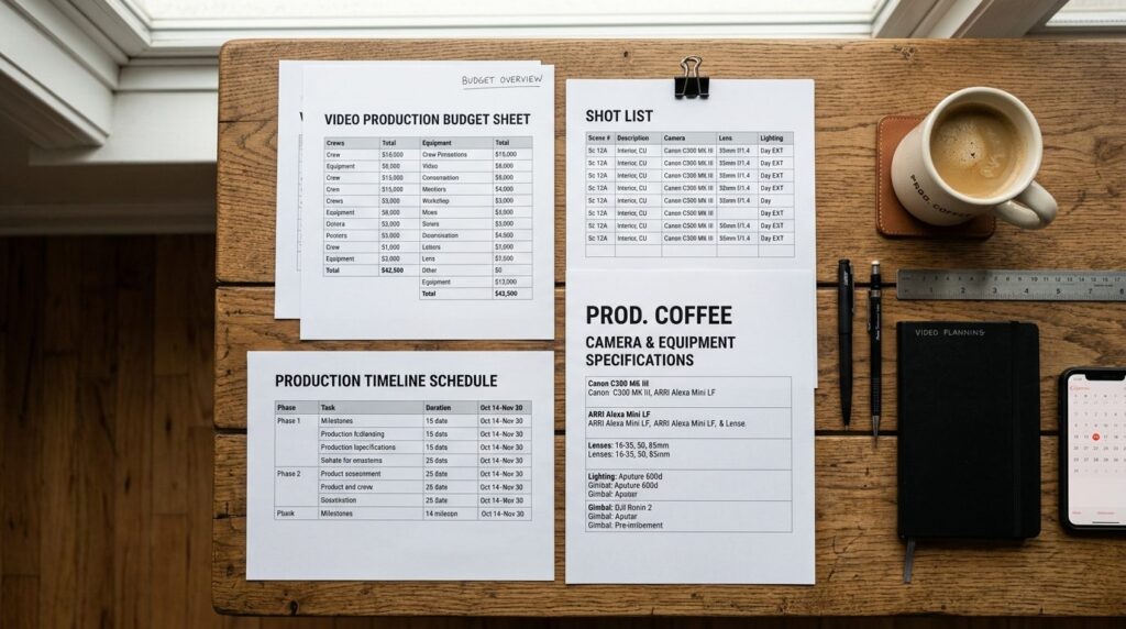 Top-down flat lay of video production planning documents: bu