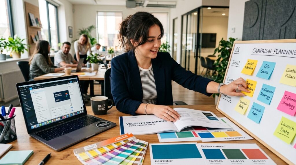 Close-up of a marketing coordinator organizing campaign plan
