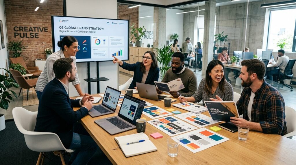Dynamic team meeting in a branding and design agency confere