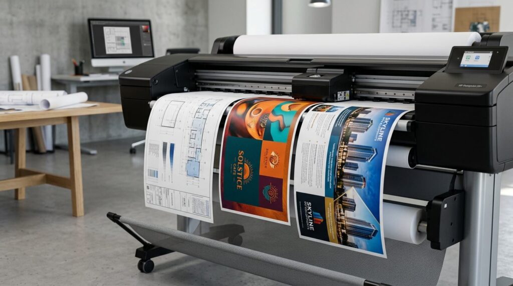 Close-up detail of high-quality large format prints coming o