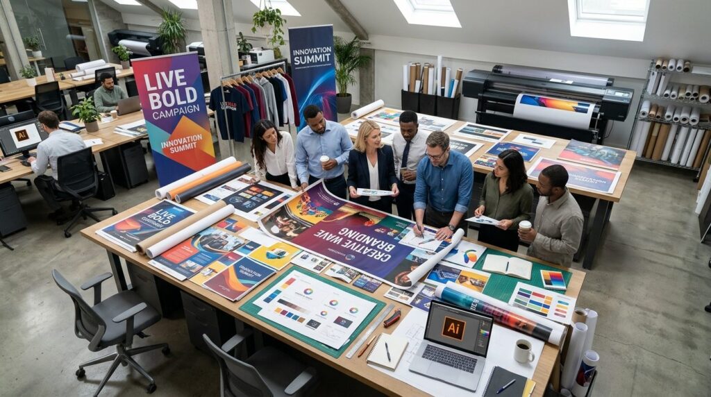 Overhead view of a busy marketing department workspace with 