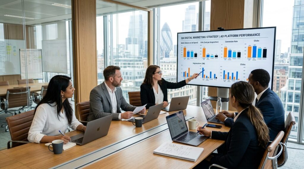 Business team in modern conference room reviewing digital ma