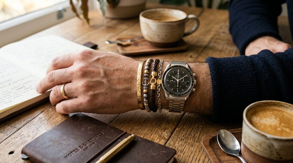 Close-up detail shot of a mans wrist showcasing a layered b