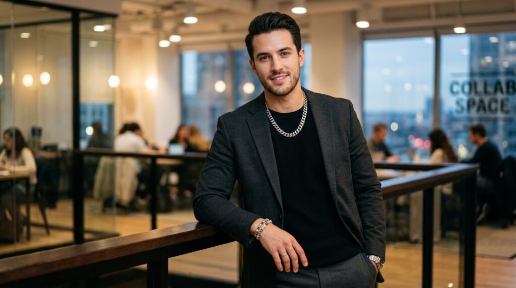 Editorial fashion photograph of a confident man in smart cas