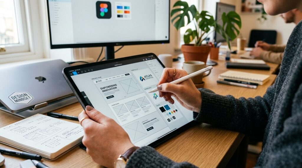 Close-up of designers hands working on tablet showing websi