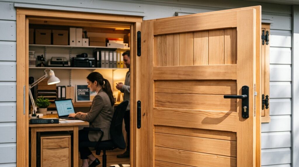 Close-up photorealistic shot of a premium solid panel shed d