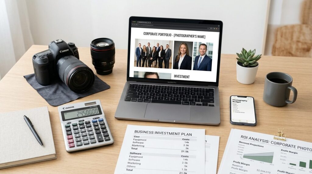 Business cost investment concept: office desk with calculato