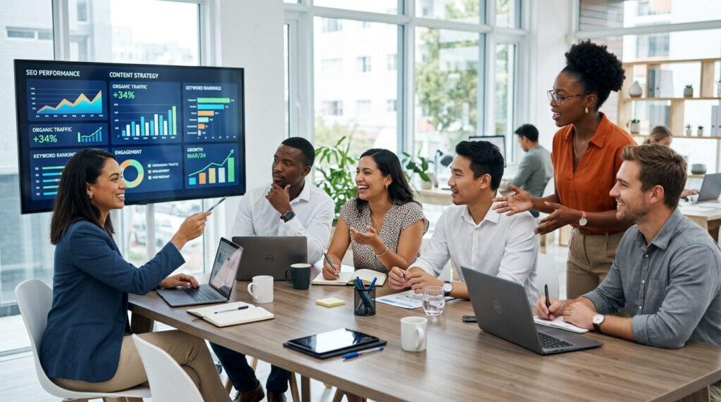 Small business team gathered around a conference table discu