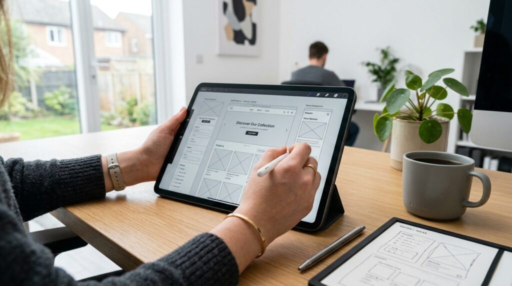 Close-up of designers hands working on website wireframe an