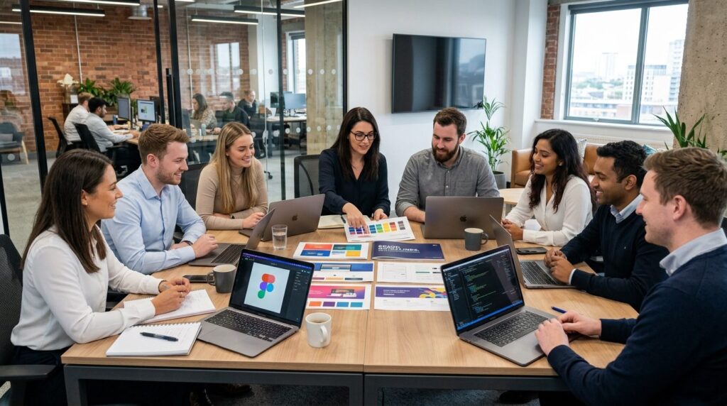 Team of digital marketers and web developers collaborating a