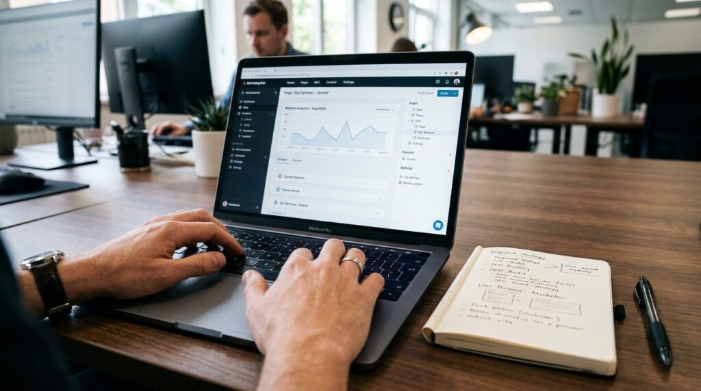 Close-up of hands typing on keyboard at desk with notebook a