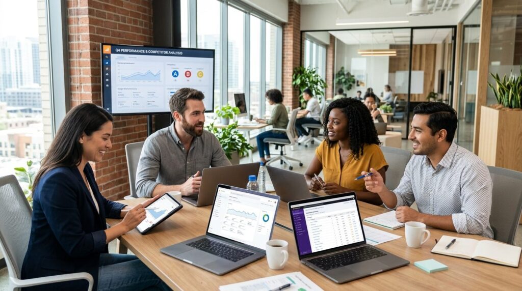 Modern digital marketing team collaborating around conferenc