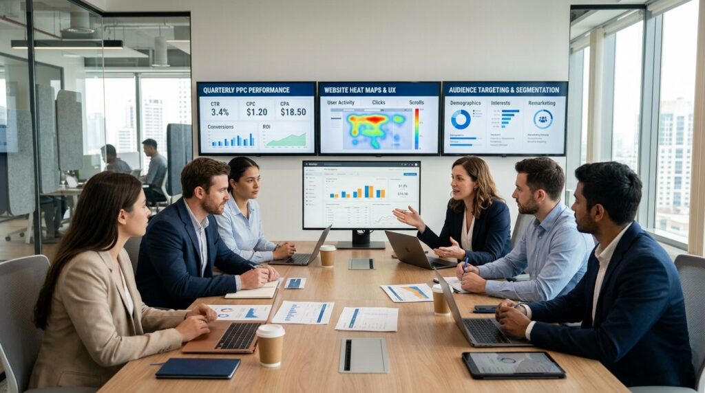 Digital marketing team collaborating around a conference tab