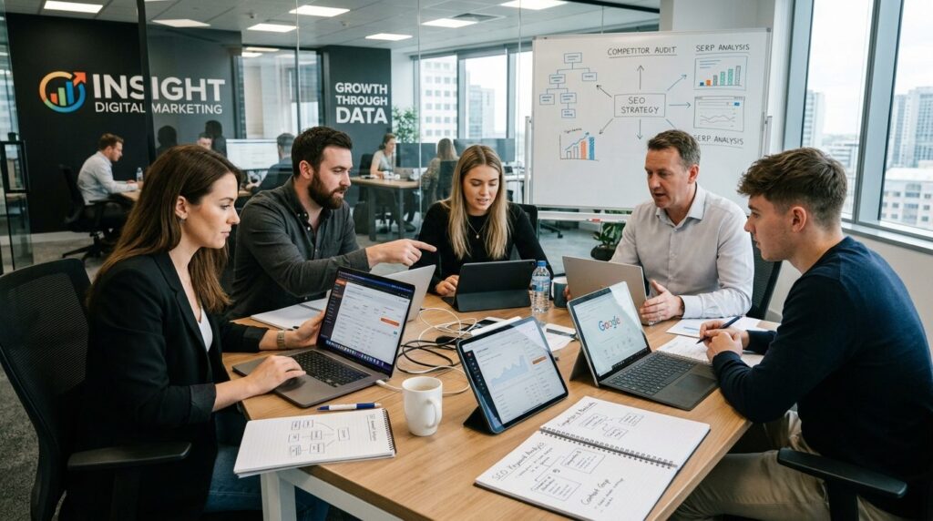 Team of digital marketers gathered around conference table a