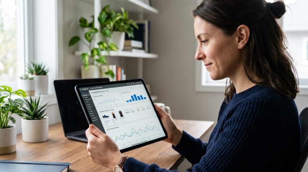 Close-up of a webshop owner reviewing Google Search and Shop