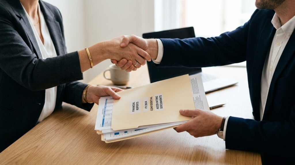 Close-up of hands exchanging a folder with financial reports