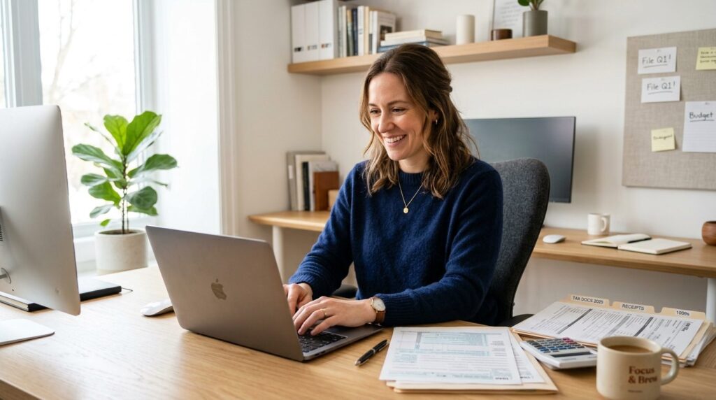 Small business owner sitting in home office looking relieved