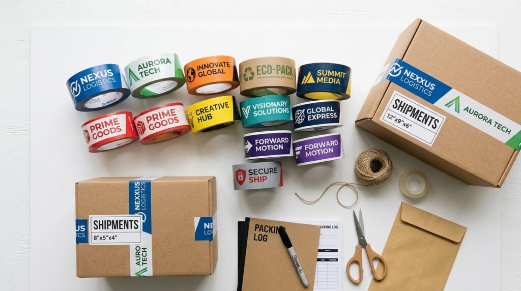 Flatlay composition of multiple branded tape rolls arranged