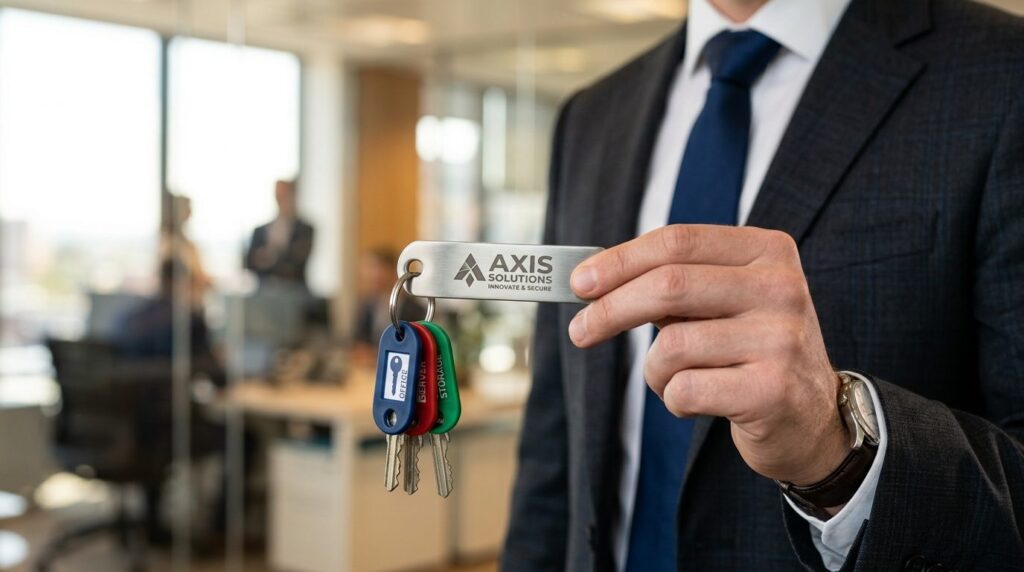 Close-up product photography of a sleek metallic key holder