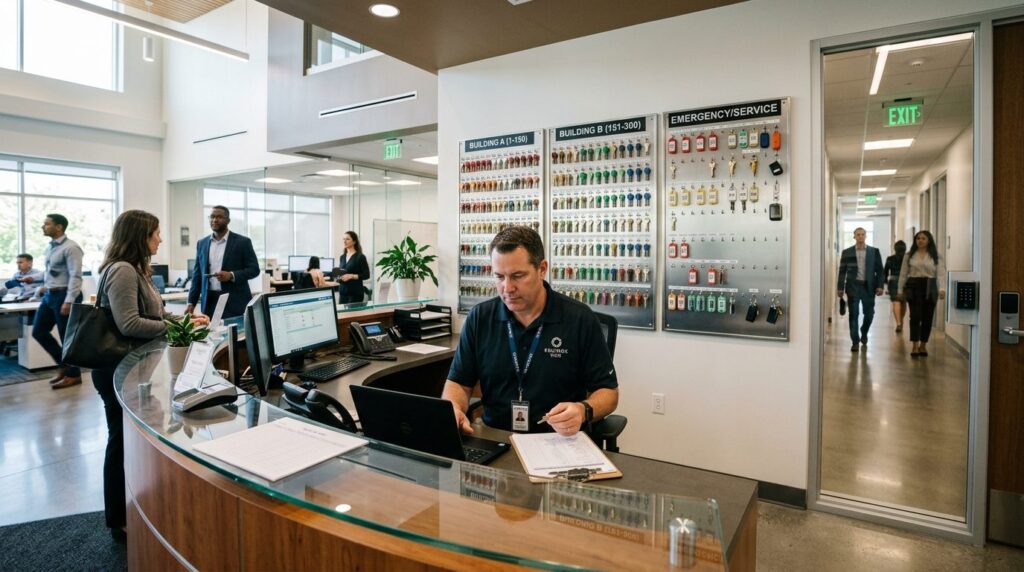 Wide-angle photograph of a facility manager at a reception d