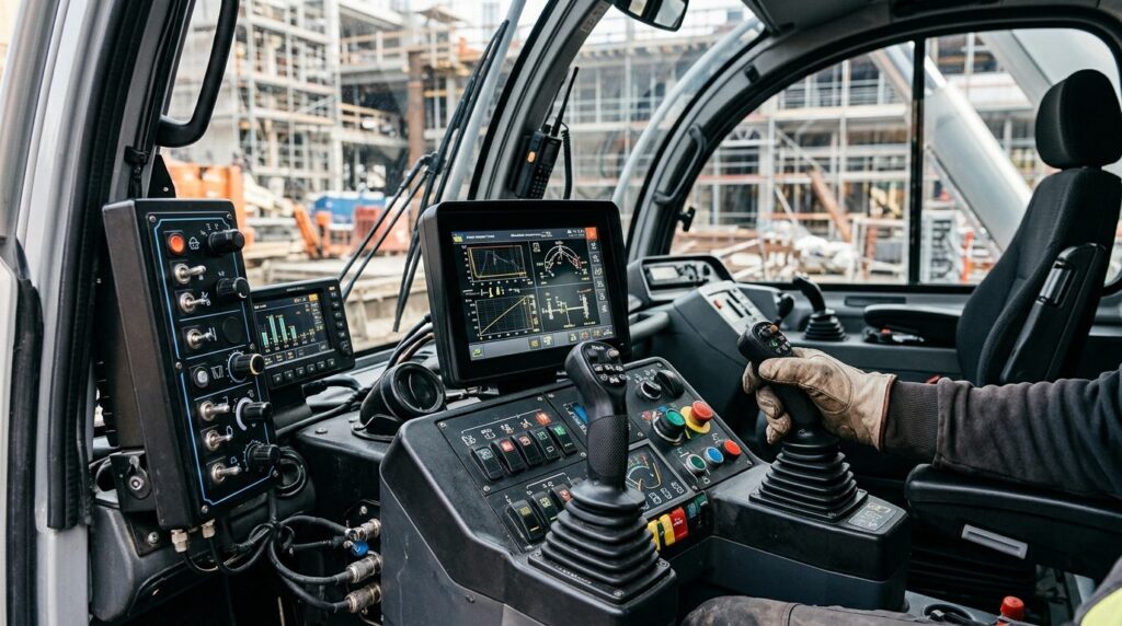 Close-up detail of crane hydraulic controls and operator cab