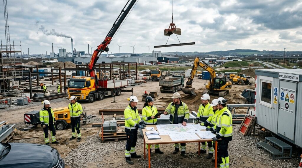 Wide-angle view of construction project management scene wit